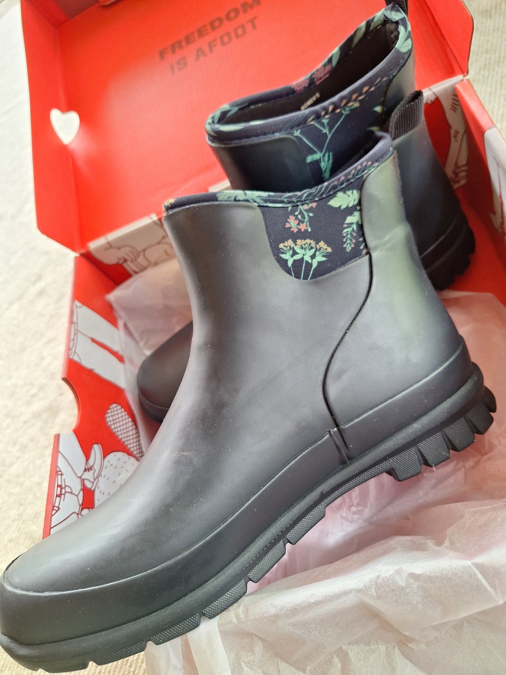 Duluth Trading Co Black Floral-Trim Rain Chelsea Booties